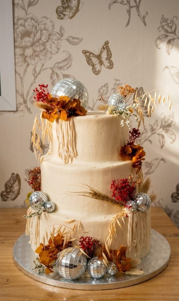Tarta de tres pisos boho con bolas de discoteca y flores secas