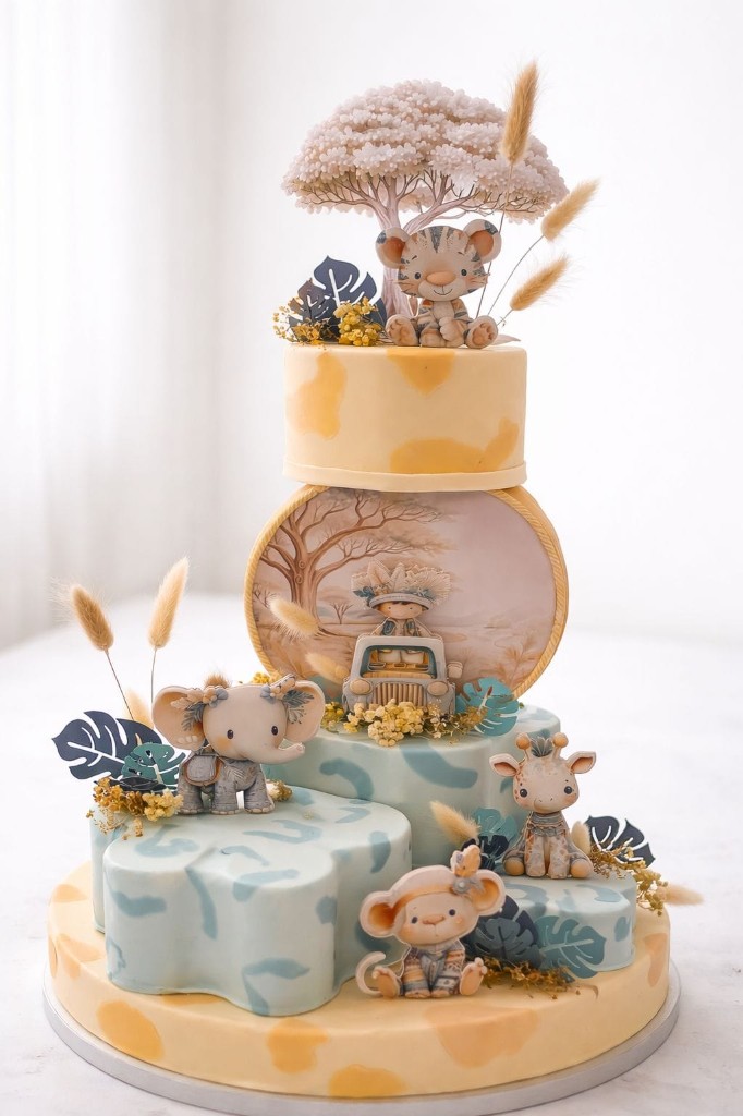Tarta temática safari con figuras de animales y árbol