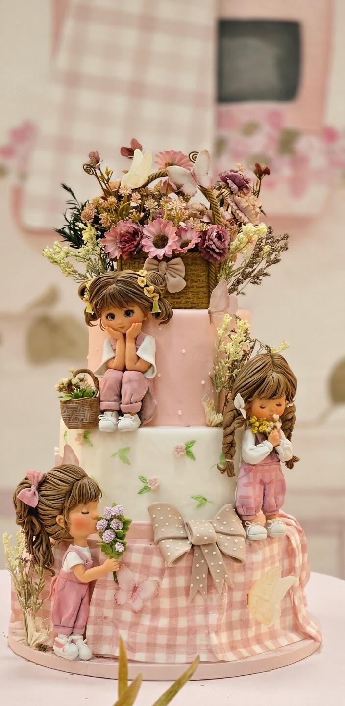Tarta temática artesanal con figuras modeladas y flores pastel
