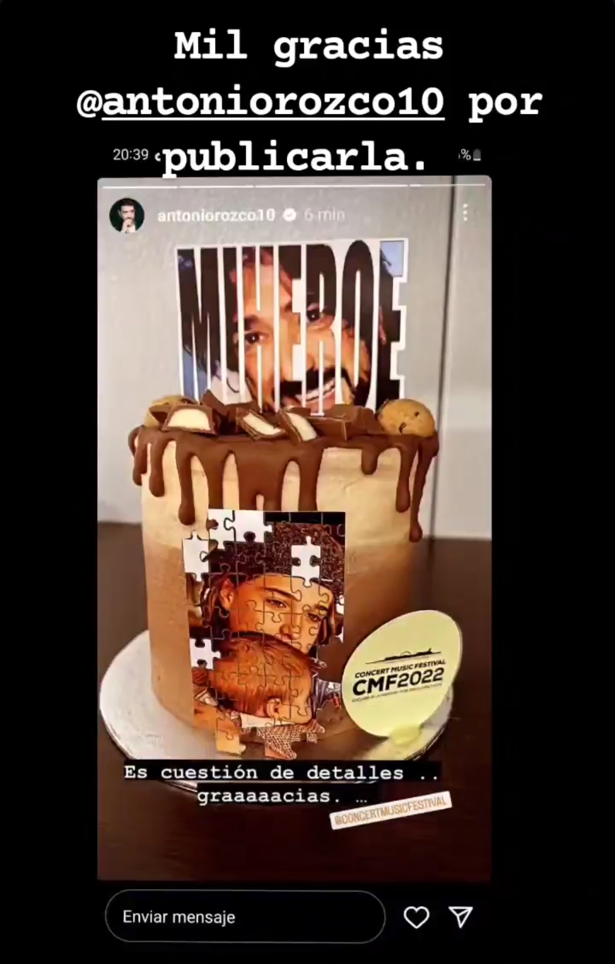 Historia de Instagram de Antonio Orozco con la tarta del festival